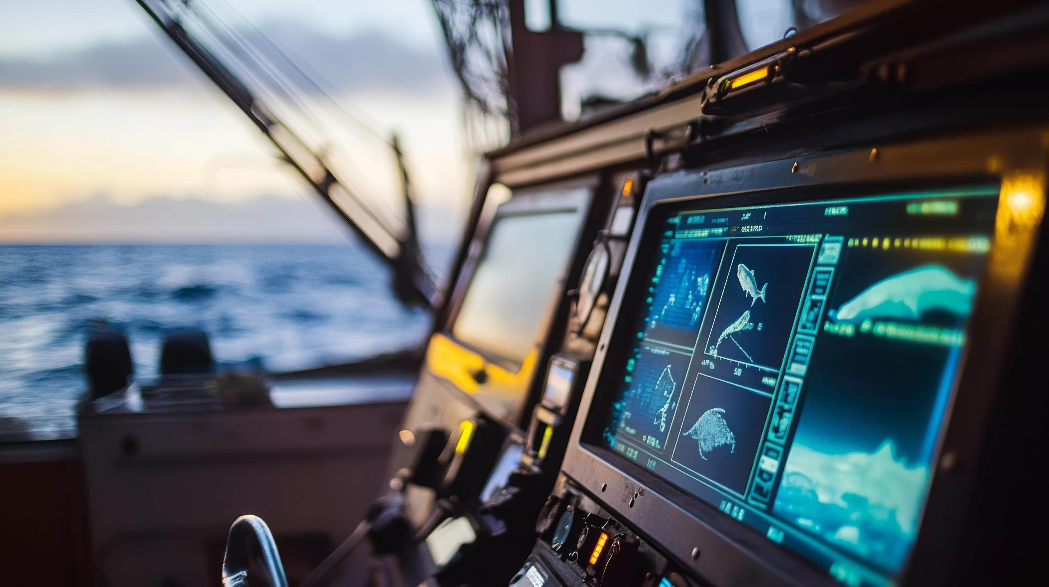 Das Navigationsbedienfeld zeigt verschiedene Daten an, während ein farbenfroher Sonnenuntergang die Meereswellen in Licht taucht.
