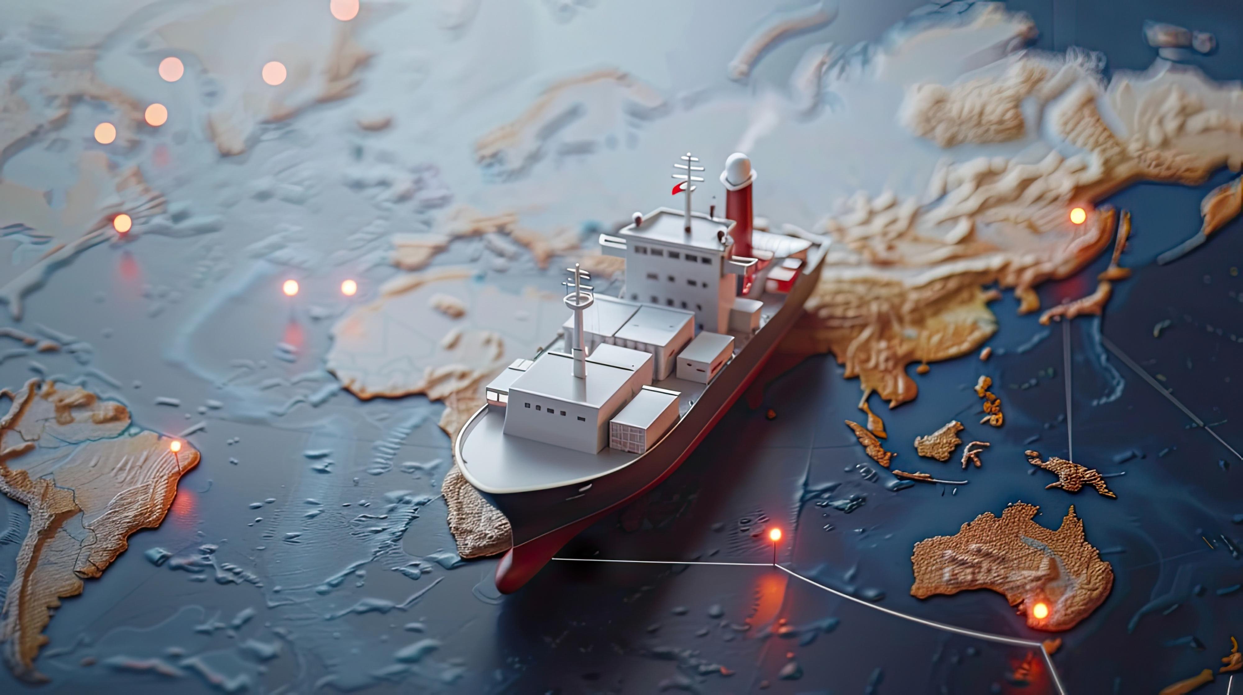 Journey through cartography: Ship model on world map