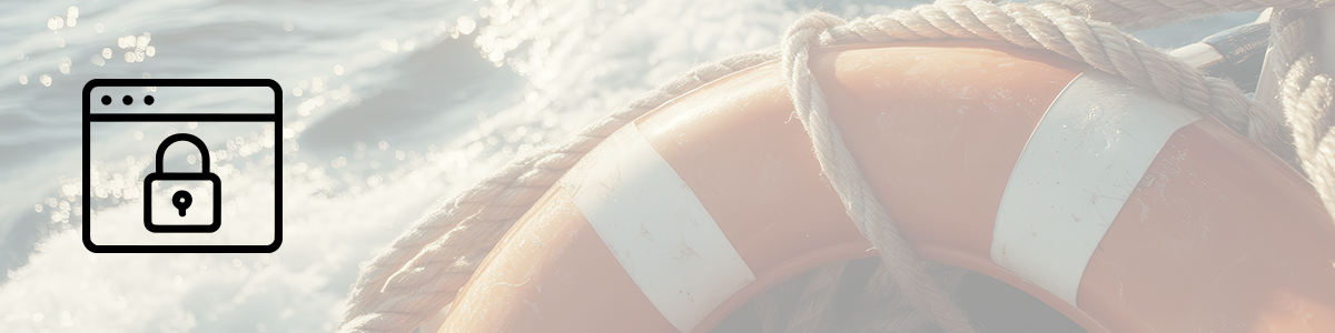 Icon “Privacy Policy” on an image with a lifebuoy, behind it a rope and the sea