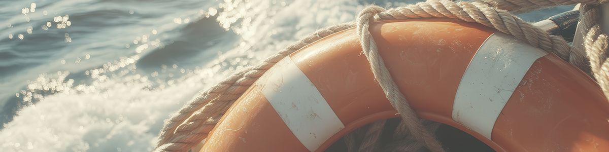 A lifebuoy and a rope lie in front of the sea.